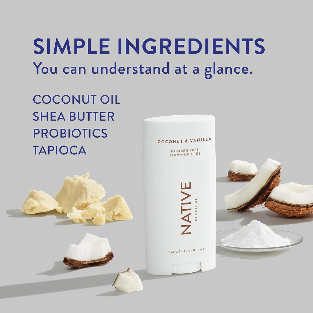 Native Deodorant | Natural Deodorant for Women and Men, Aluminum Free with Baking Soda, Probiotics, Coconut Oil and Shea Butter | Coconut &amp; Vanilla - Pack of 3