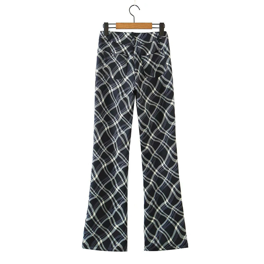 vintage plaid printed loose trousers