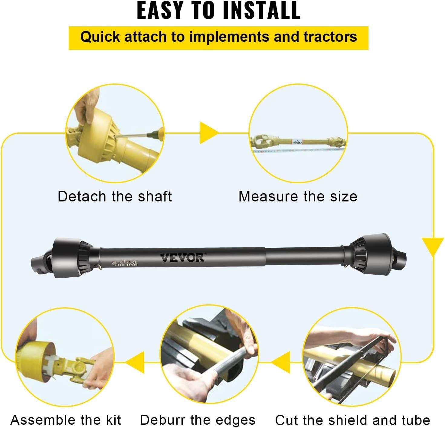 PTO Shaft 1 3/8" PTO Drive Shaft, 6 Spline End Round End PTO Driveline Shaft, Series 4 Tractor PTO Shaft, 39"-55" Brush Hog PTO Shaft, Black PTO Shaft for Bush Hog/Finish Mower/Rotary Cutter