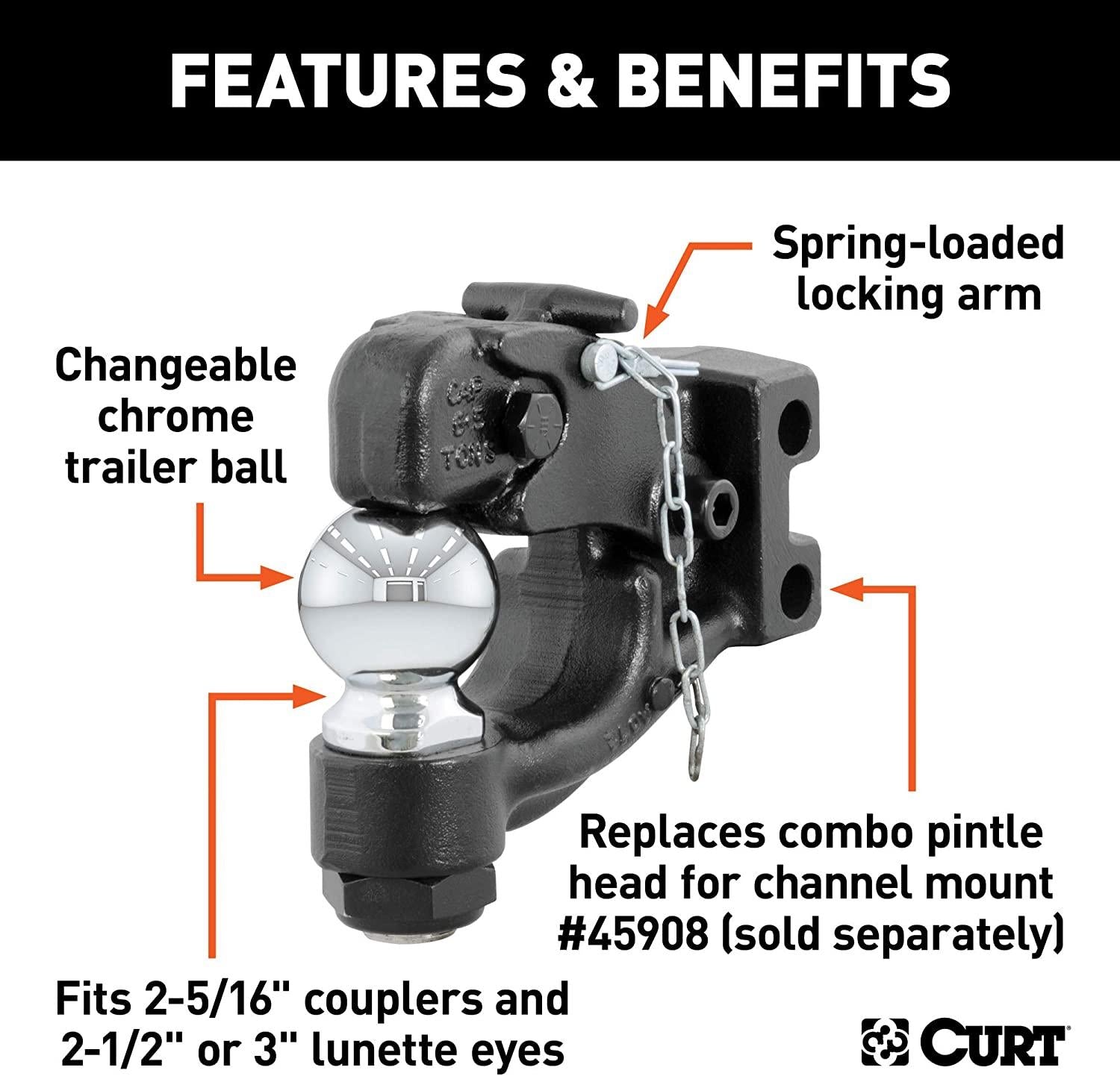CURT 45922 Channel Mount Pintle Attachment with 2-5/16-Inch Ball, 20,000 lbs, Shank Required , Black