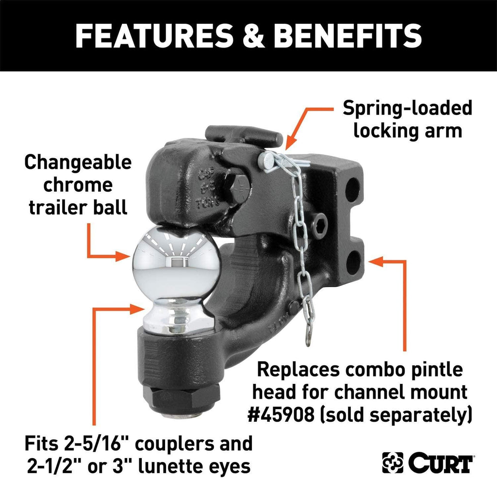 CURT 45922 Channel Mount Pintle Attachment with 2-5/16-Inch Ball, 20,000 lbs, Shank Required , Black