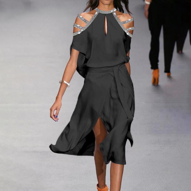 Fashion off-shoulder color matching dress