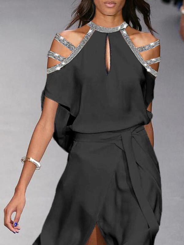 Fashion off-shoulder color matching dress