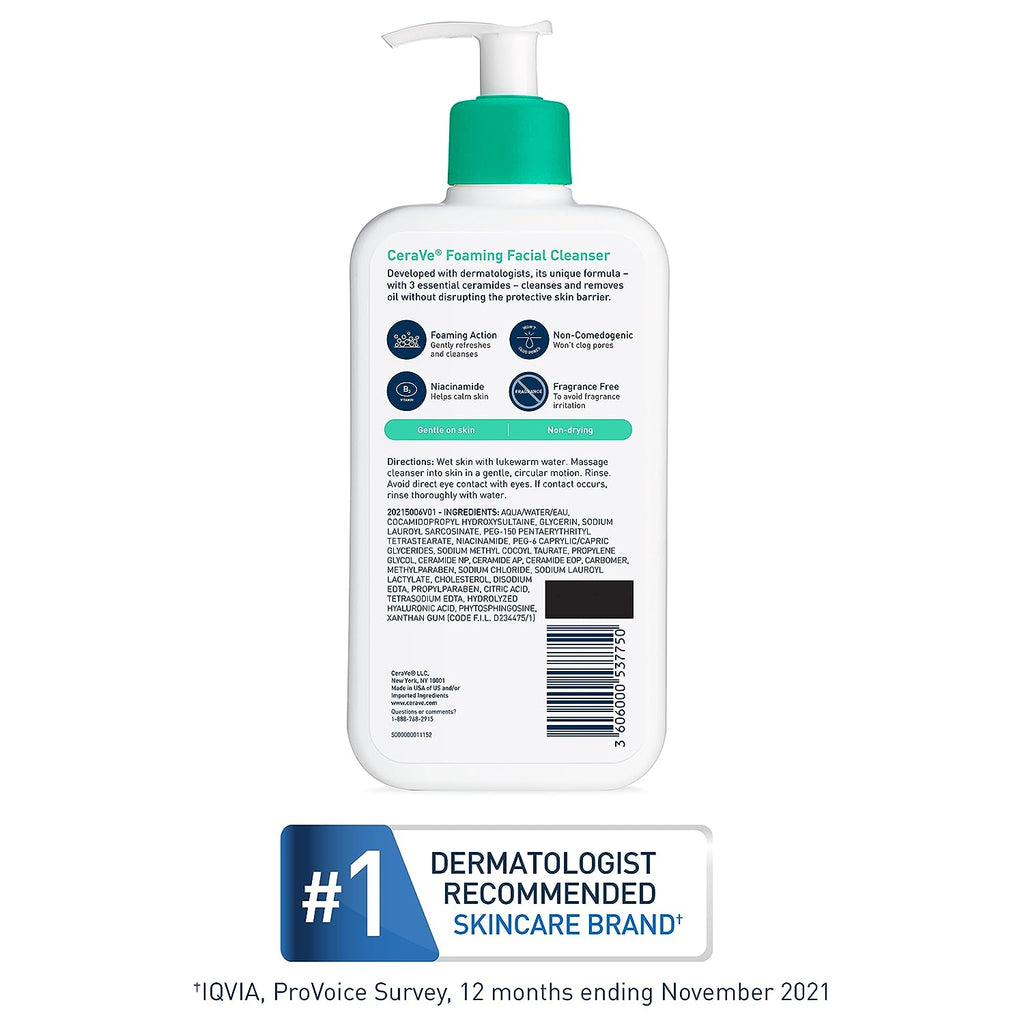 CeraVe Foaming Facial Cleanser | Daily Face Wash for Oily Skin with Hyaluronic Acid, Ceramides, and Niacinamide| Fragrance Free Paraben Free | 19 Fluid Ounce