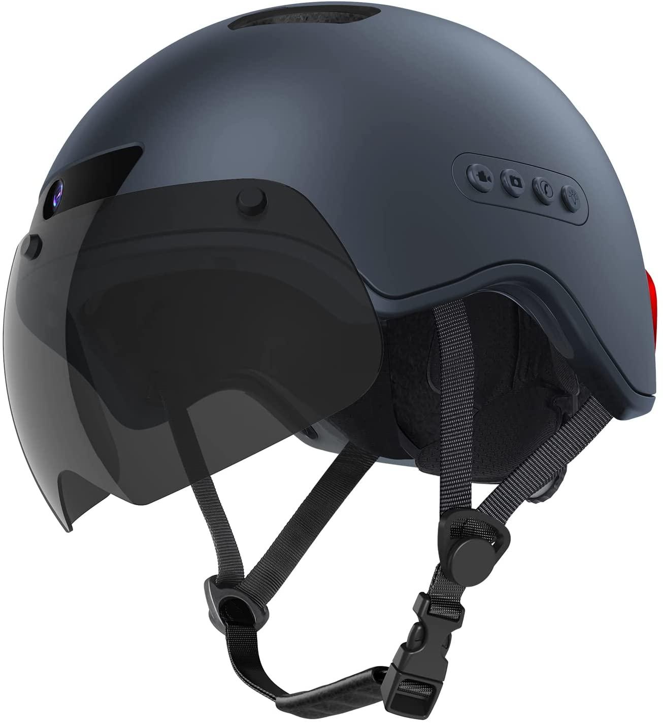 KRACESS Adult Bike Helmet Bluetooth Smart Helmet with Driving Recorder and LED Taillight Function for Urban Commuter Detachable Visor Mens/Womens Bike Bluetooth Helmet