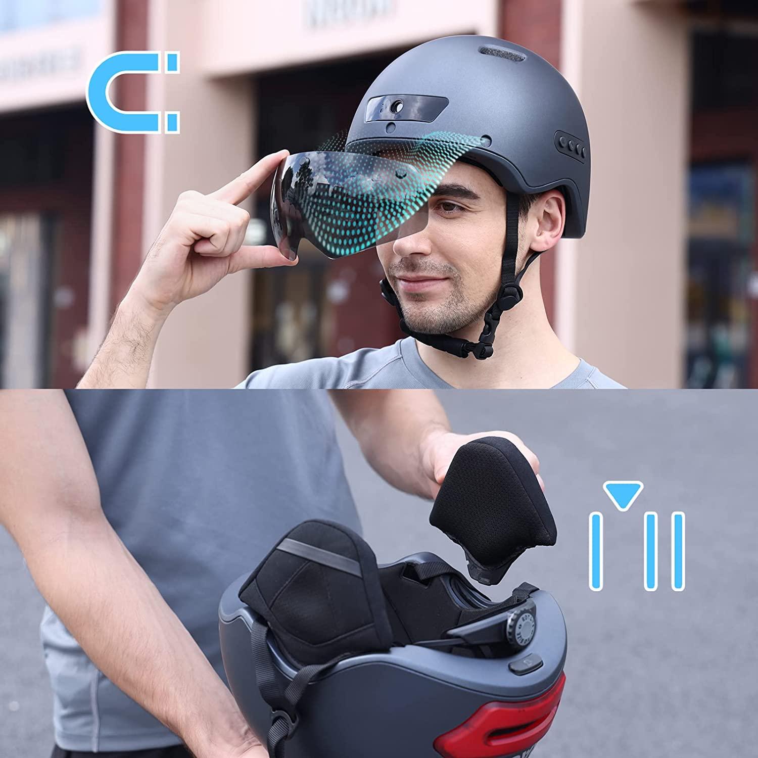 KRACESS Adult Bike Helmet Bluetooth Smart Helmet with Driving Recorder and LED Taillight Function for Urban Commuter Detachable Visor Mens/Womens Bike Bluetooth Helmet