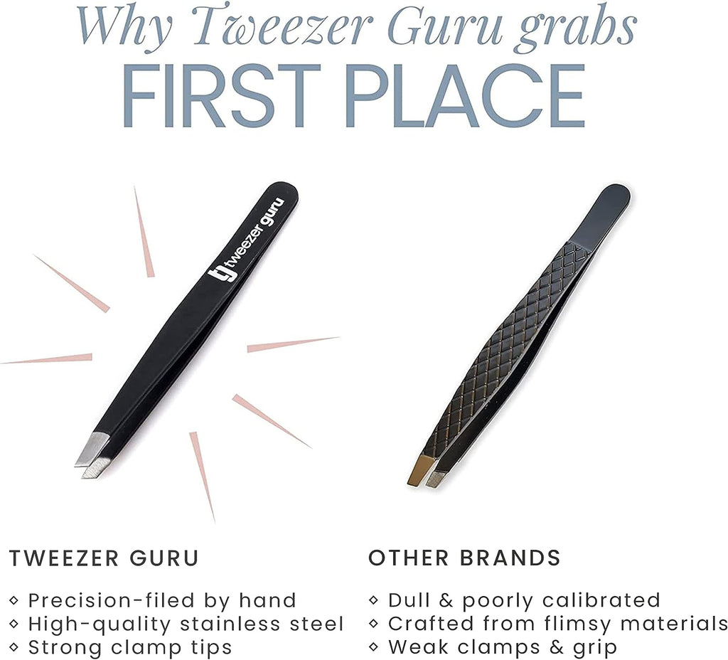 Tweezer Guru Tweezers for Eyebrows - 2 Pack Slant Tip Professional Stainless Steel Eyebrow Tweezers for Women &amp; Men - Great Precision on Brow, Facial Hair &amp; Ingrown Hair (Classic Pink and Black)
