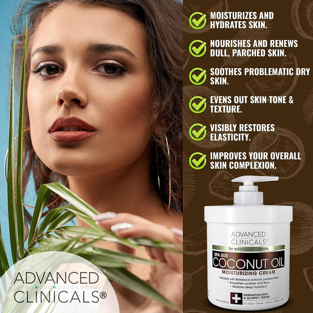 Advanced Clinicals Coconut Body Lotion Moisturizing Cream &amp; Face Lotion For Women &amp; Men | Coconut Lotion | Natural Coconut Oil Cream Skin Care Moisturizer Body Butter Balm For Dry Skin, 16Oz, 2-Pack