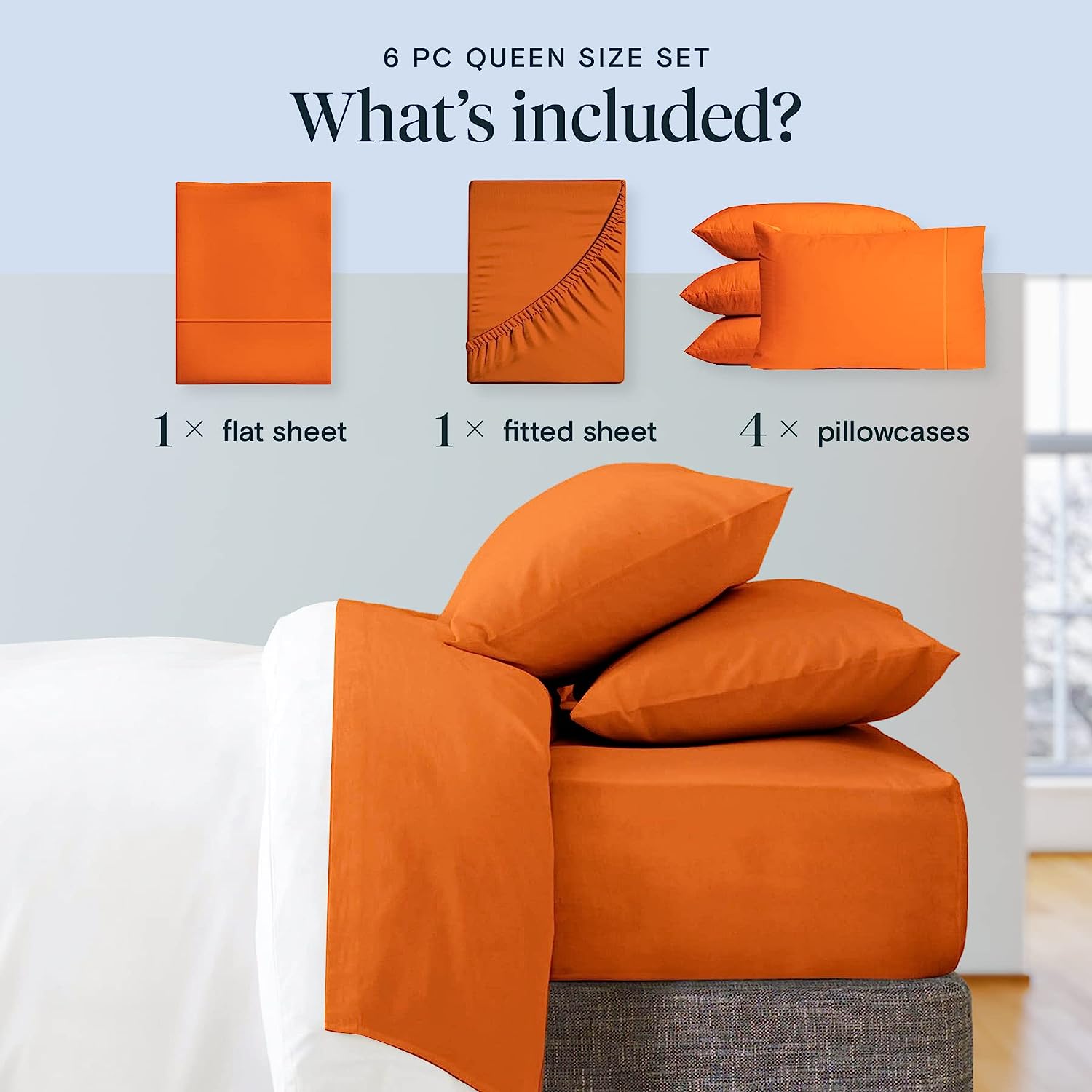 LuxClub 6 PC Queen Sheet Set Bamboo Sheets Deep Pockets 18" Eco Friendly Wrinkle Free Cooling Sheets Machine Washable Hotel Bedding Silky Soft - Autumn Orange Queen