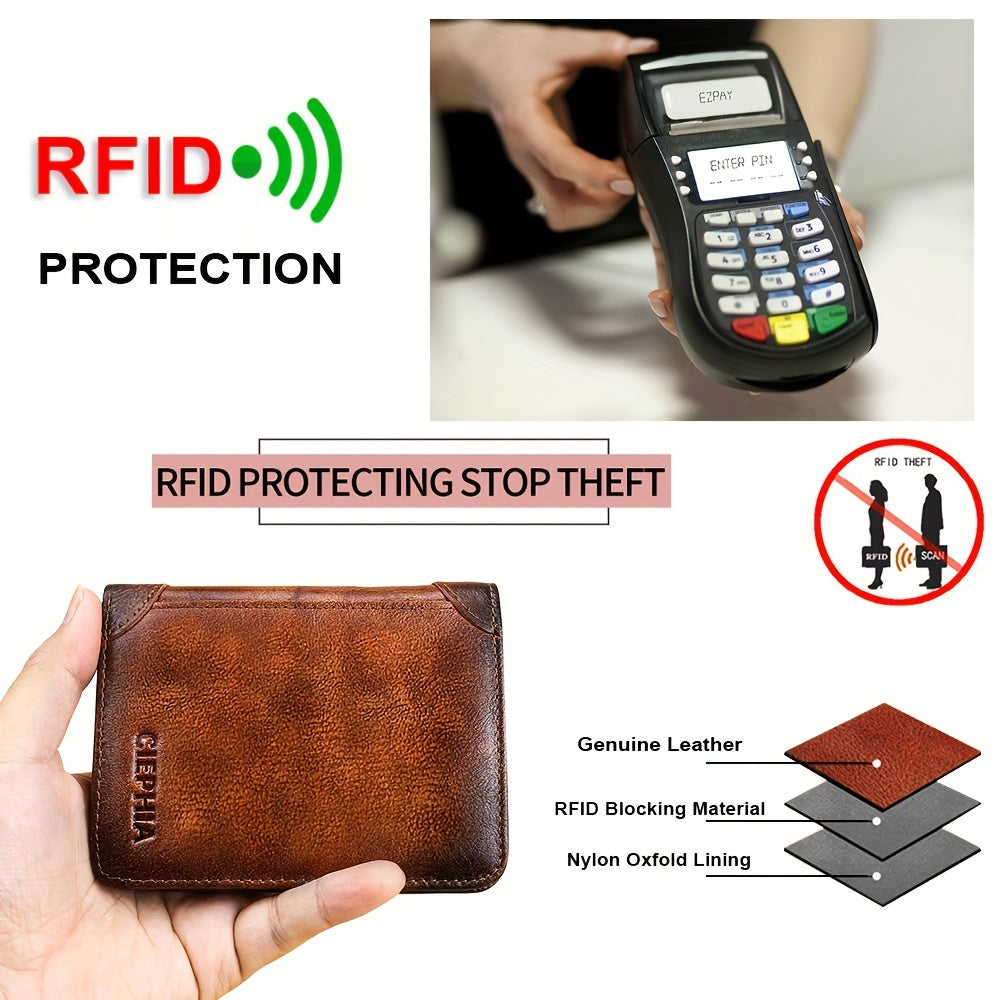 1pc Genuine Leather Rfid BlocWallets For Men, Retro Thin Short Multi-functional ID Credit Card Holder, Gifts To Men On Valentine's Day