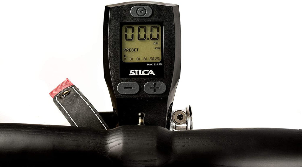 SuperPista Digital Floor Pump with Back lit Digital Gauge + Extra Long Hose + Award Winning HIRO Metal Locking Chuck for Presta and Schrader Valve