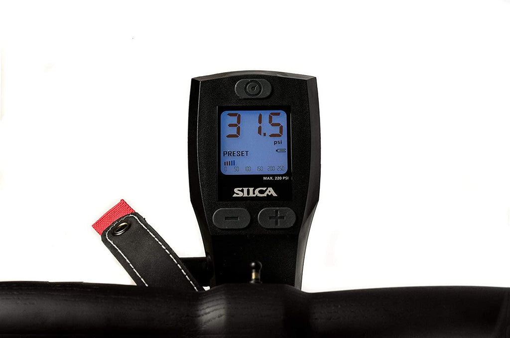 SuperPista Digital Floor Pump with Back lit Digital Gauge + Extra Long Hose + Award Winning HIRO Metal Locking Chuck for Presta and Schrader Valve
