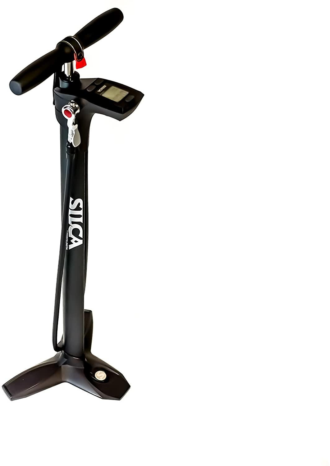 SuperPista Digital Floor Pump with Back lit Digital Gauge + Extra Long Hose + Award Winning HIRO Metal Locking Chuck for Presta and Schrader Valve