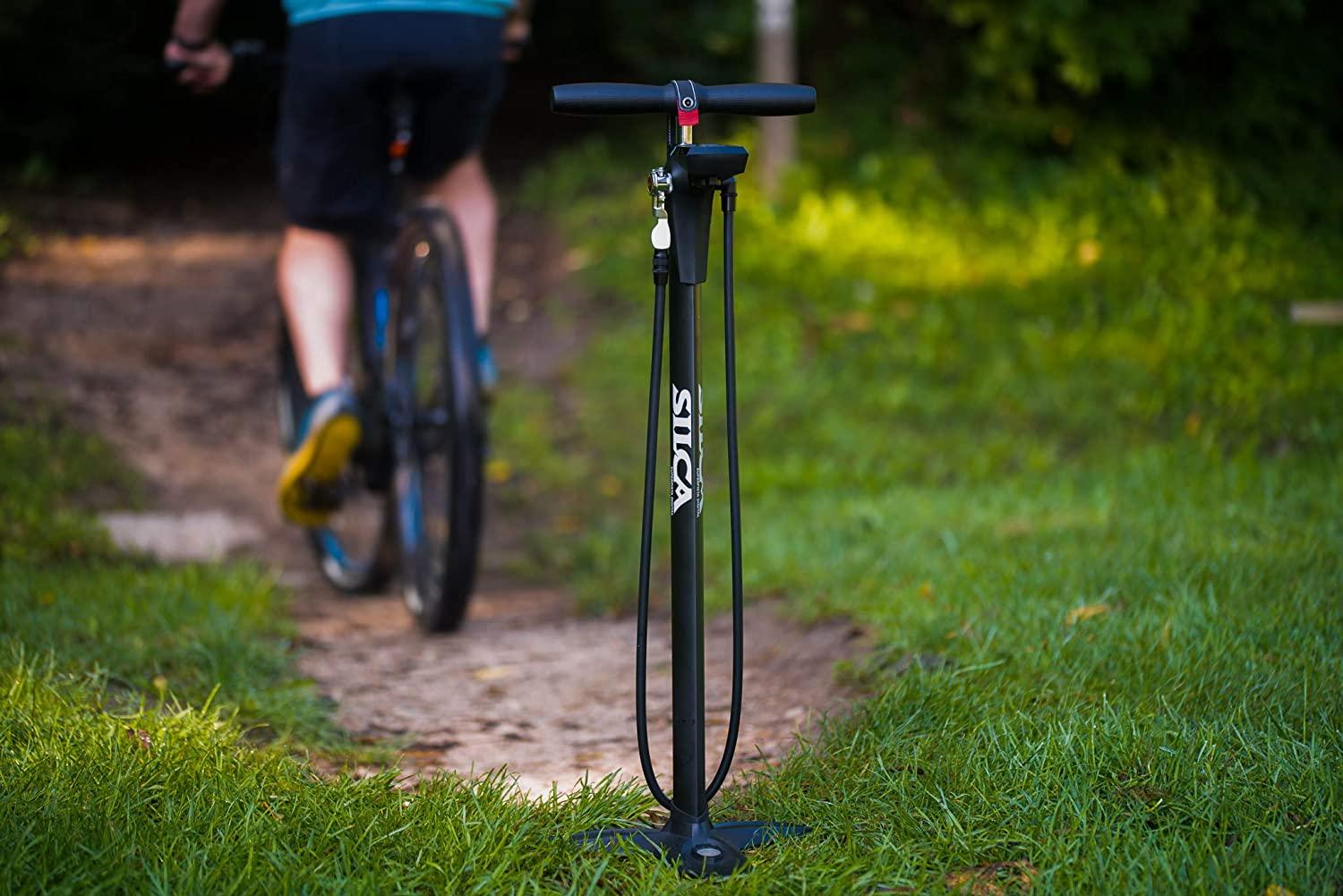 SuperPista Digital Floor Pump with Back lit Digital Gauge + Extra Long Hose + Award Winning HIRO Metal Locking Chuck for Presta and Schrader Valve