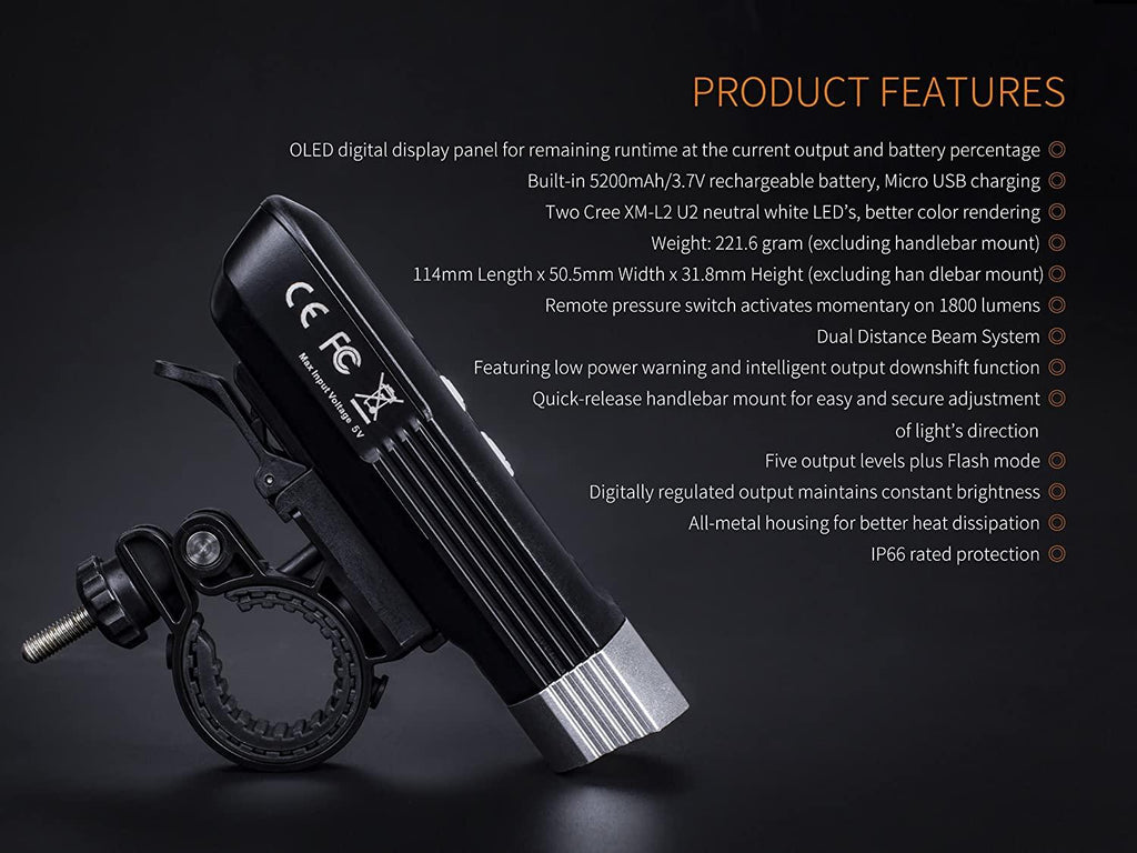 Fenix BC30R 1800 Lumen Rechargeable Bike Light with Digital Display & Quick Release Mount Plus Lumen Tactical Cable Organizer
