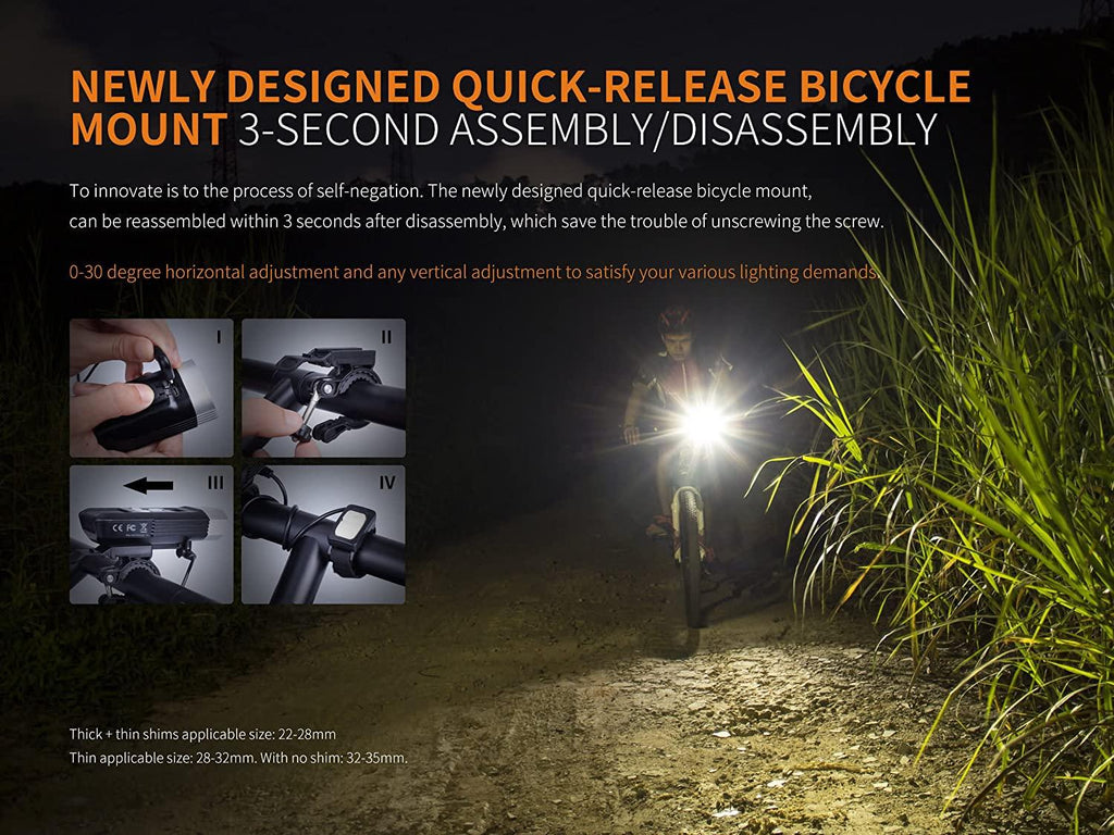 Fenix BC30R 1800 Lumen Rechargeable Bike Light with Digital Display & Quick Release Mount Plus Lumen Tactical Cable Organizer