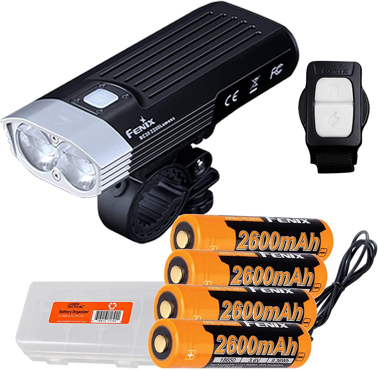 Fenix BC30 v2.0 Bicycle Light, 2200 Lumen Dual Beam with Wireless Remote, Four 2600mAh Rechargeable Batteries, Dual Slot Charger, and LumenTac Battery Case