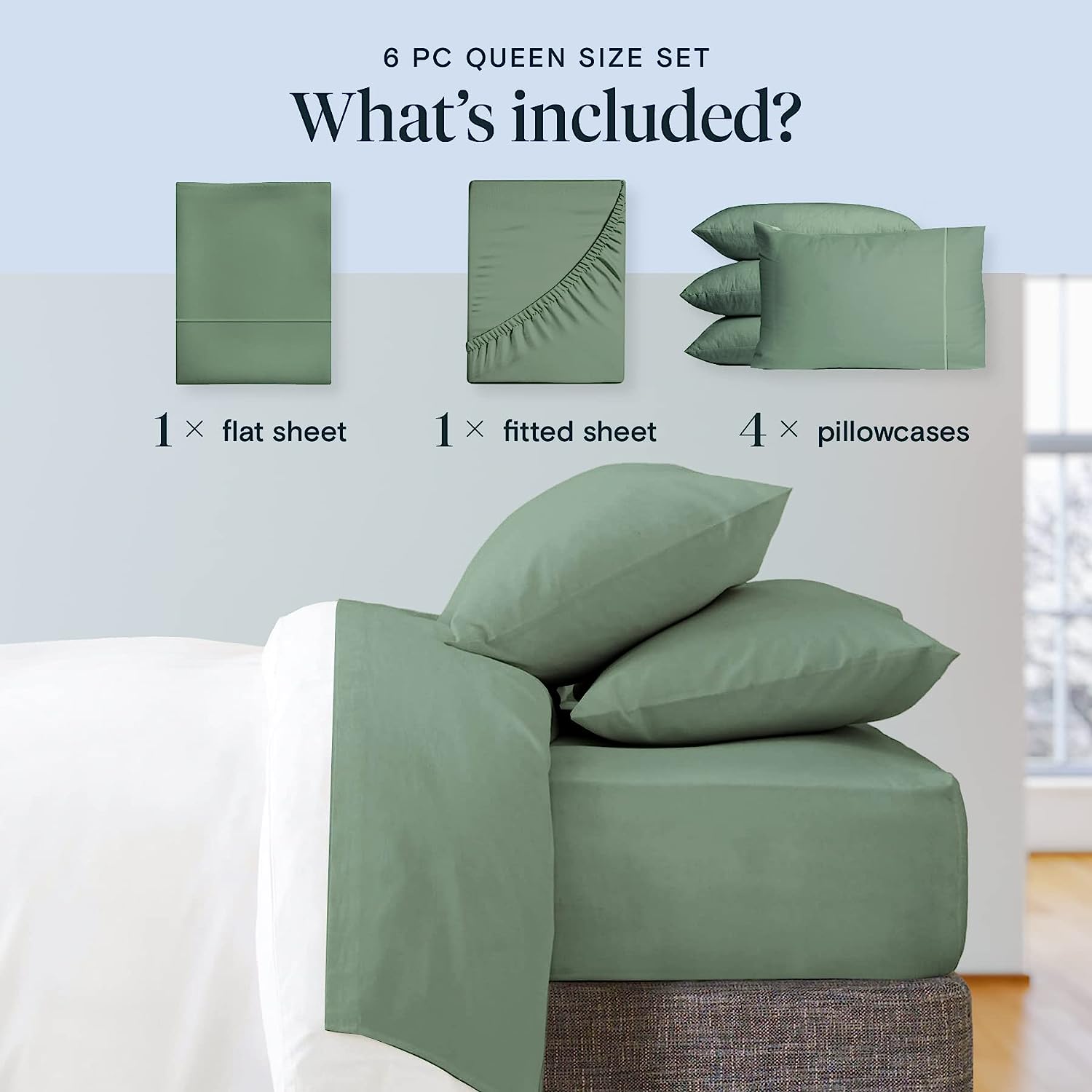 LuxClub 6 PC Queen Sheet Set Bamboo Sheets Deep Pockets 18" Eco Friendly Wrinkle Free Cooling Sheets Machine Washable Hotel Bedding Silky Soft - Tree Moss Green Queen