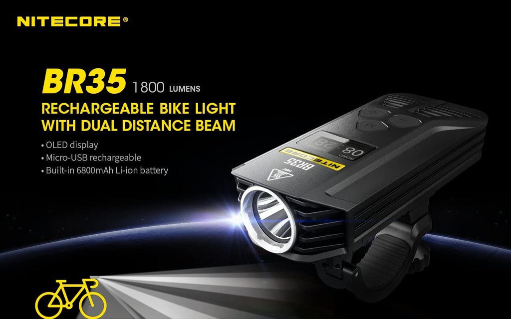 Nitecore BR35 1800 Lumen Dual Beam OLED Display Rechargeable Bicycle Headlight with Remote Control, Quick-Release Mount and LumenTac Keychain Light