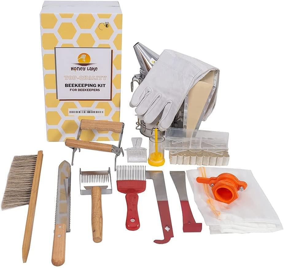 Honey Lake 10-Frame Bee Hives and Supplies Starter Kit, Beeswax Coated Beehive Starter Kit Including Beekeeping Supplies Tools Set with Bee Hat Veil