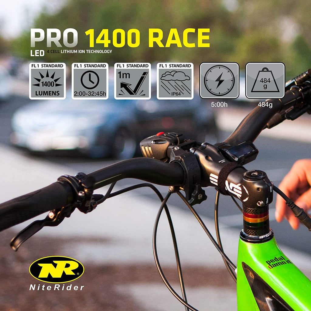 NiteRider Pro 1400 Race, High Performance Lightweight MTB Race Bike Light, 1400 Lumens of Max Output. Durable Bicycle Front Light. Excellent MTB Beam Pattern