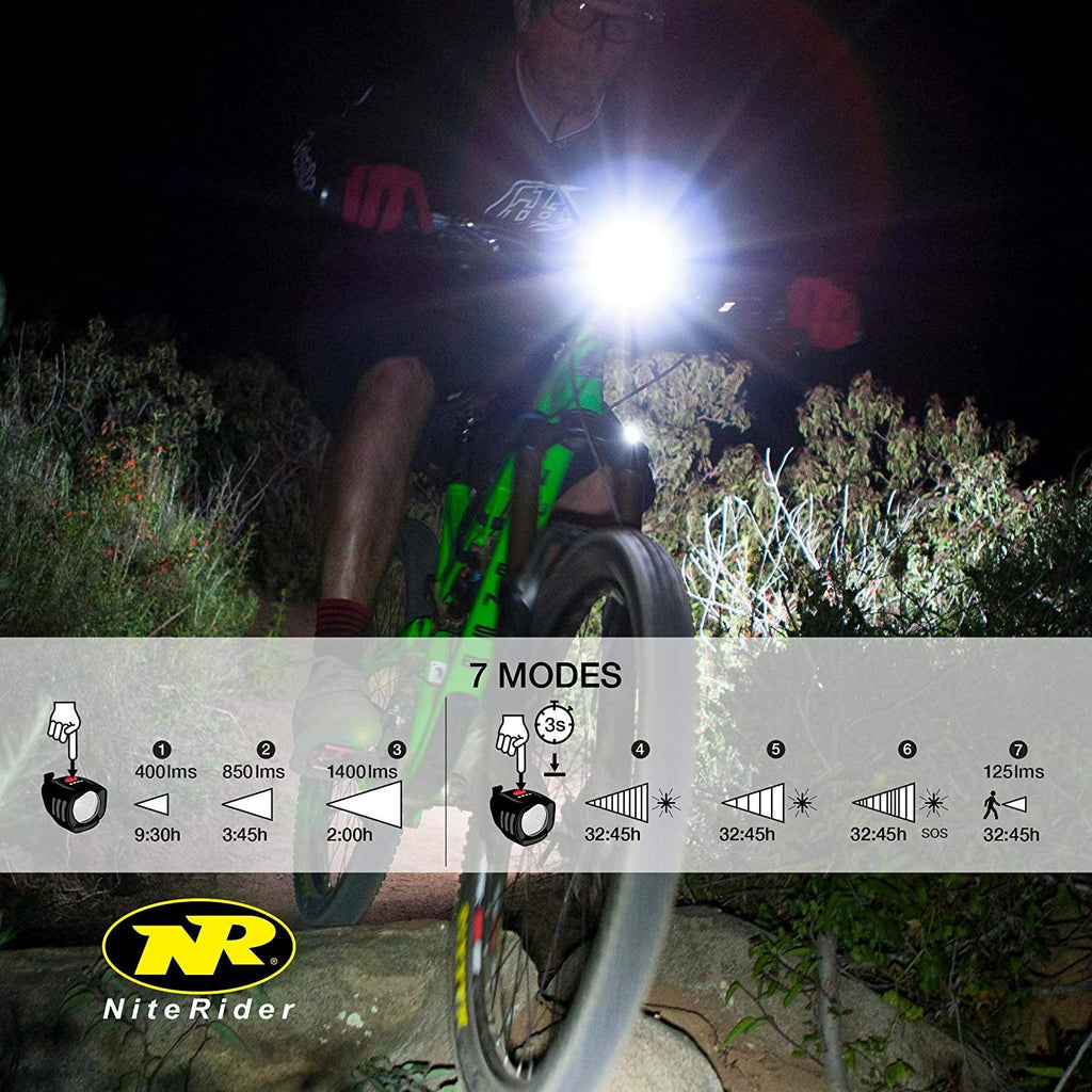 NiteRider Pro 1400 Race, High Performance Lightweight MTB Race Bike Light, 1400 Lumens of Max Output. Durable Bicycle Front Light. Excellent MTB Beam Pattern