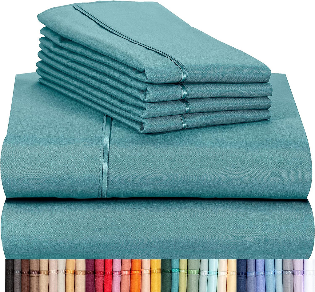 LuxClub 7 PC Split King Sheet Set Bamboo Sheets Deep Pockets 18" Eco Friendly Wrinkle Free Cooling Sheets Machine Washable Hotel Bedding Silky Soft - Teal Split King