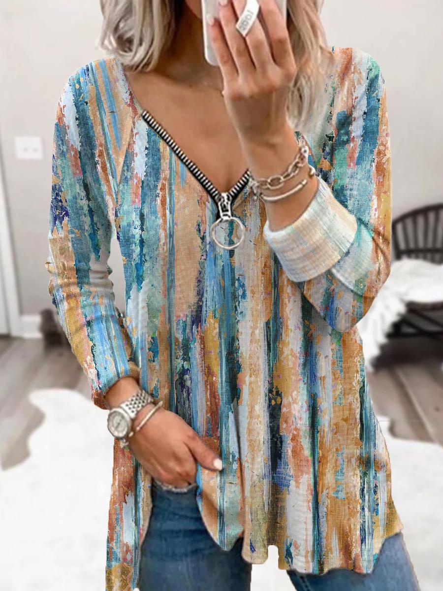 Autumn And Winter V-Neck Irregular Vertical Stripes Oil Painting Print Casual Women'S T-Shirt