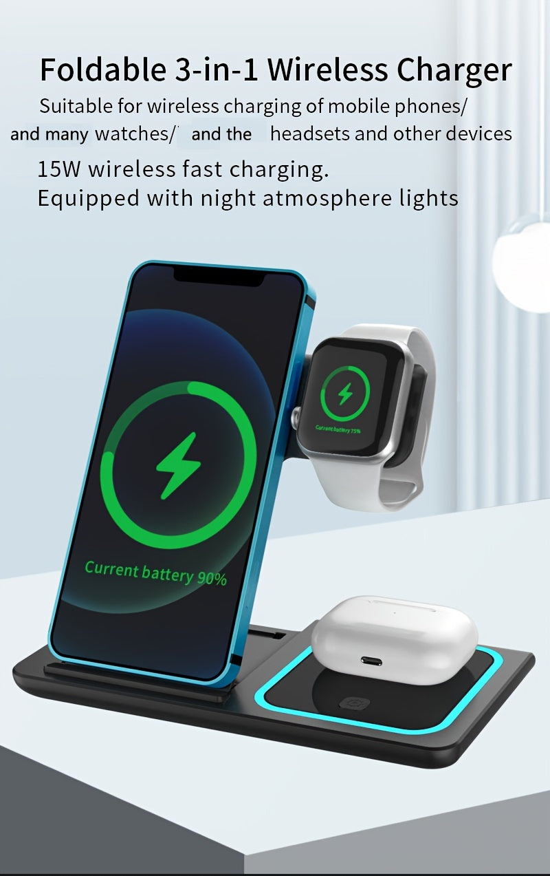3 In 1 Fast Charging Station, Folding Wireless Charger Stand For  14,13,12,11/Pro/Max/Mini/Plus, X, XR, XS/Max, SE, 8/Plus, For IWatch 1-8, For Airpods 3/2/Pro