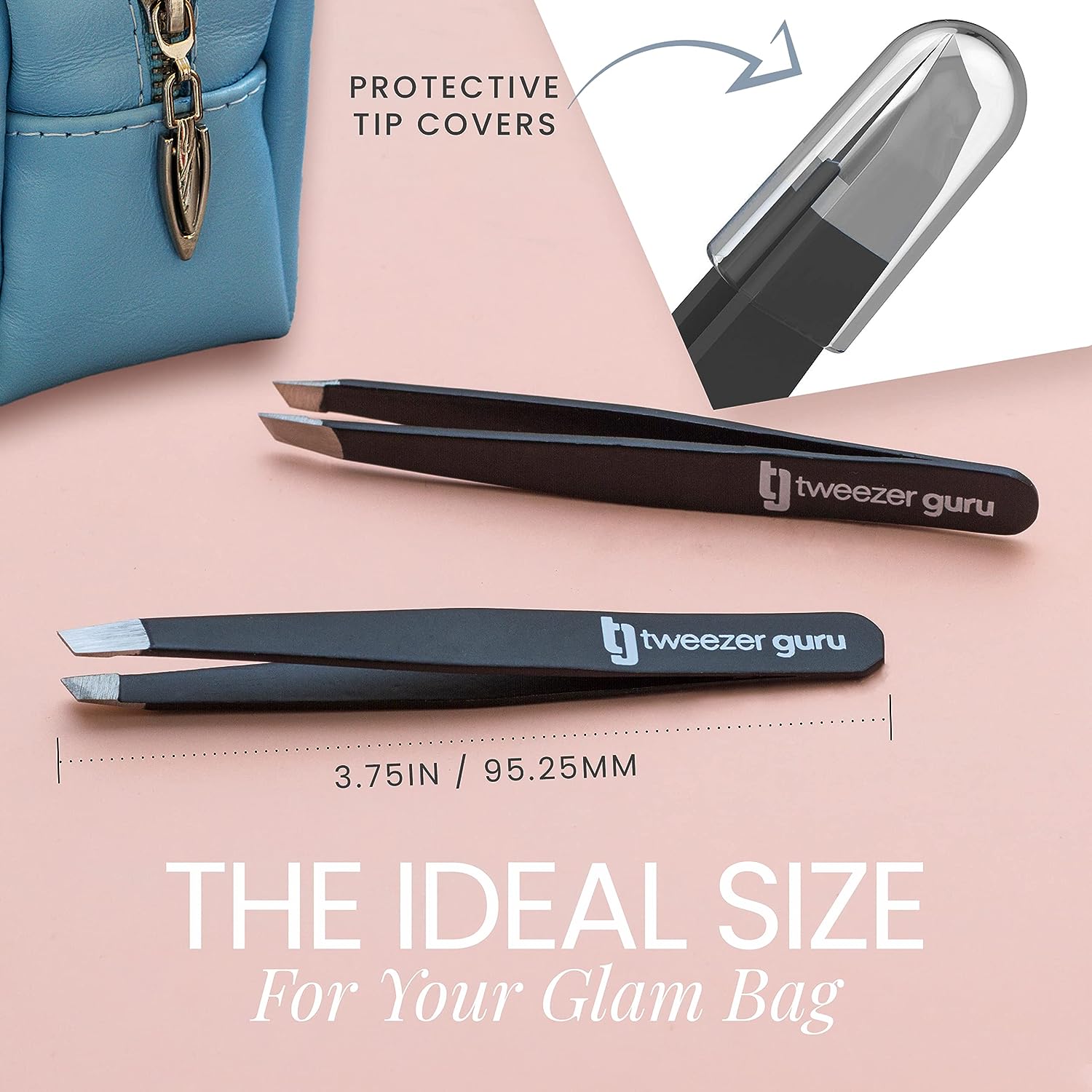 Tweezer Guru Tweezers for Women - Slant Pointed Precision Tweezers for Eyebrows &amp; Ingrown Hair Removal - Blackhead and Splinter Tweezer with Sharp Needle Nose Point for Plucking (Black)