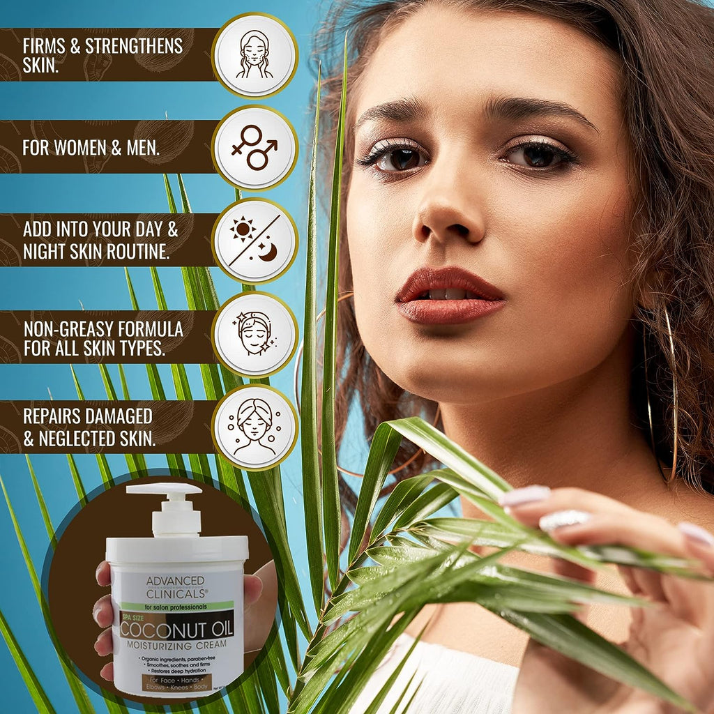 Advanced Clinicals Coconut Body Lotion Moisturizing Cream &amp; Face Lotion | Coconut Oil Lotion For Women &amp; Men | Natural Coconut Cream Moisturizer Body Butter Skin Care Balm For Dry Skin, Large 16 Oz