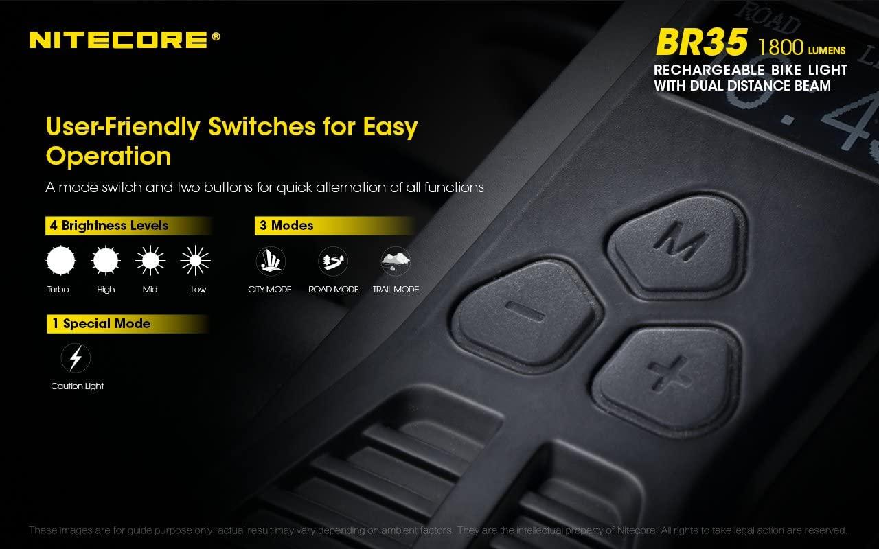 Nitecore BR35 1800 Lumen Dual Beam OLED Display Rechargeable Bicycle Headlight with Remote Switch, Mount - Includes Lumen Tactical Adapter
