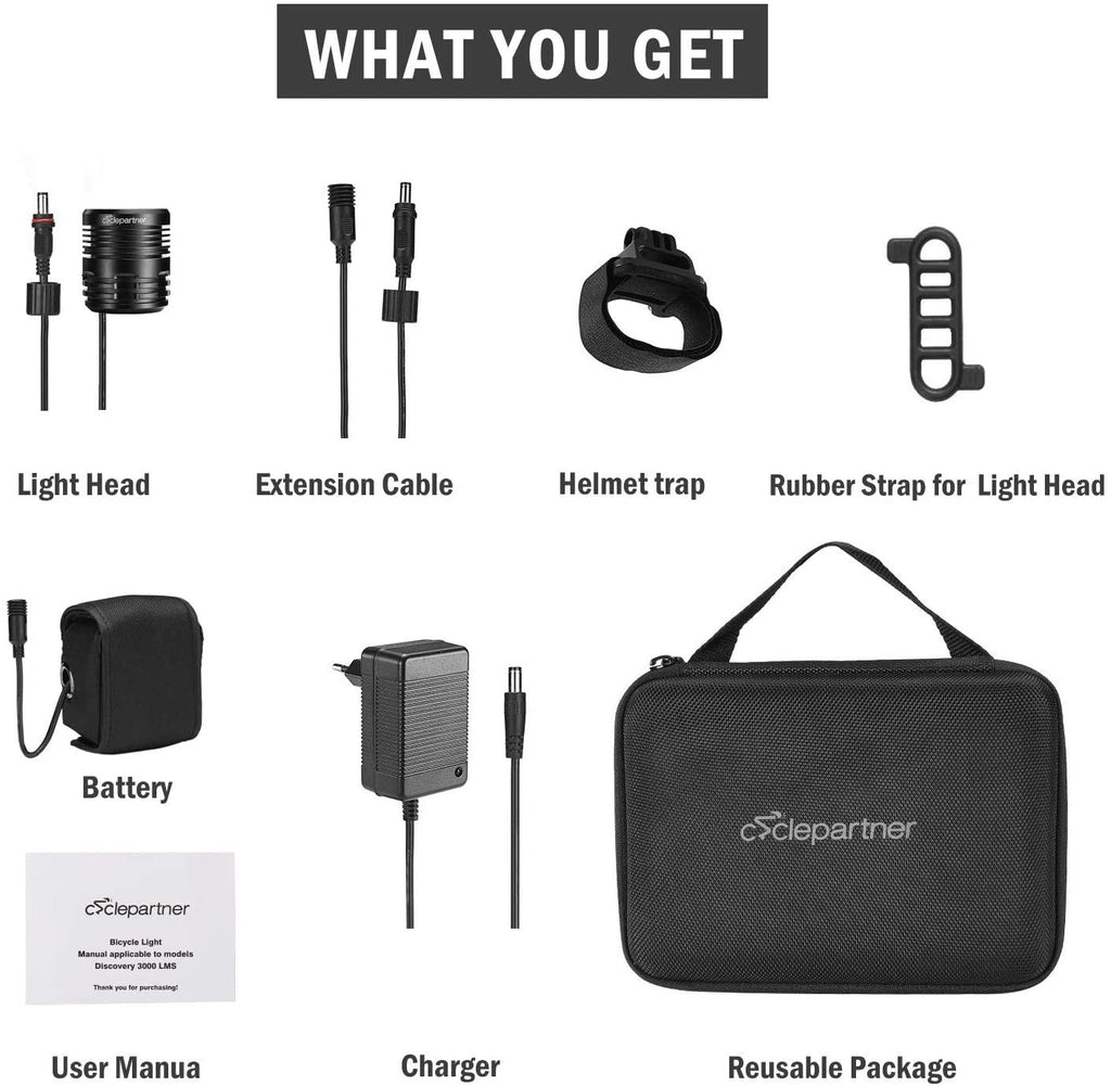 Cyclepartner Discovery-3000 4LED Ultra Powerful 3000 Lumens Mountain Bike Light for MTB with 8800mAh Battery Pack – Up to 7 Hours IP65 Waterproof