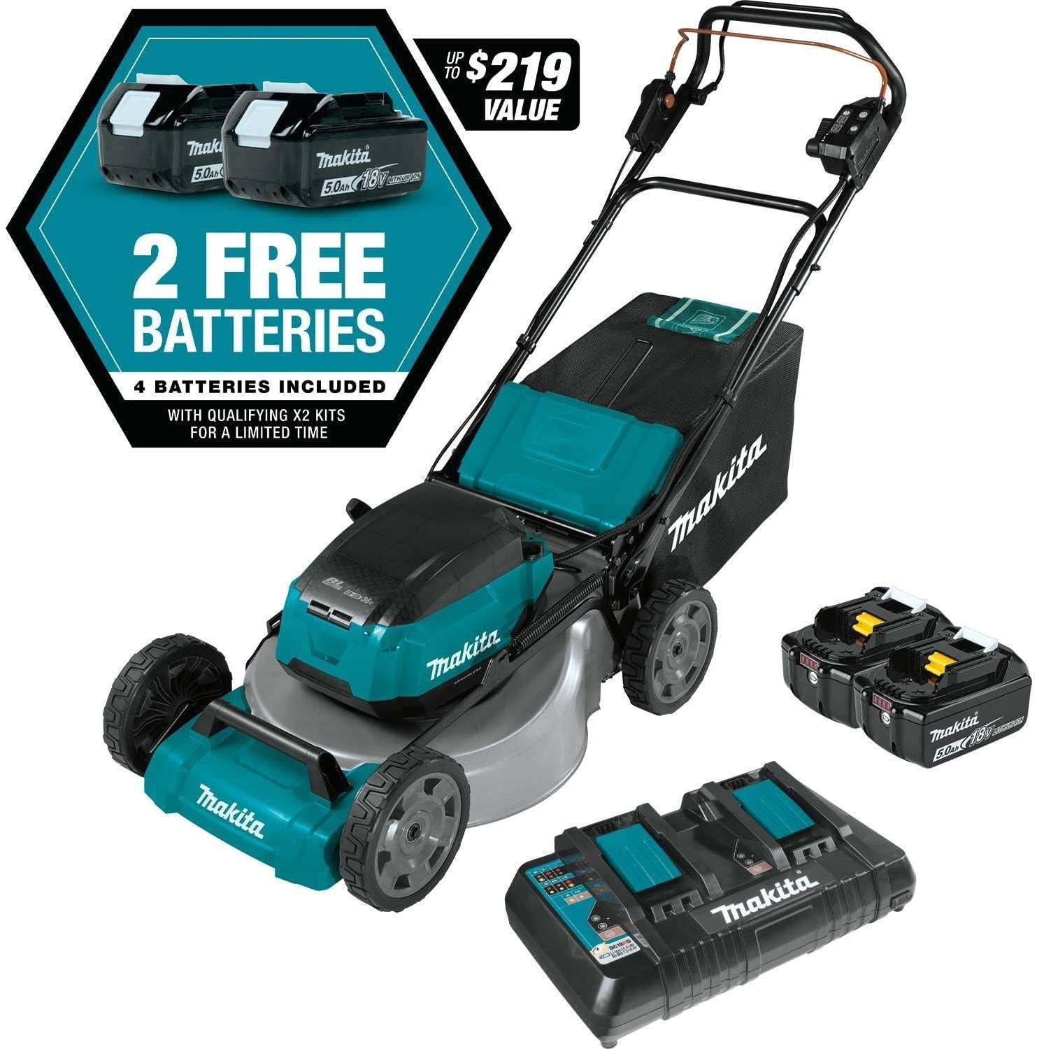 Makita XML08PT1 18V X2 (36V) LXT Lithium‑Ion Brushless Cordless 21" Self Propelled Lawn Mower Kit with 4 Batteries (5.0Ah)