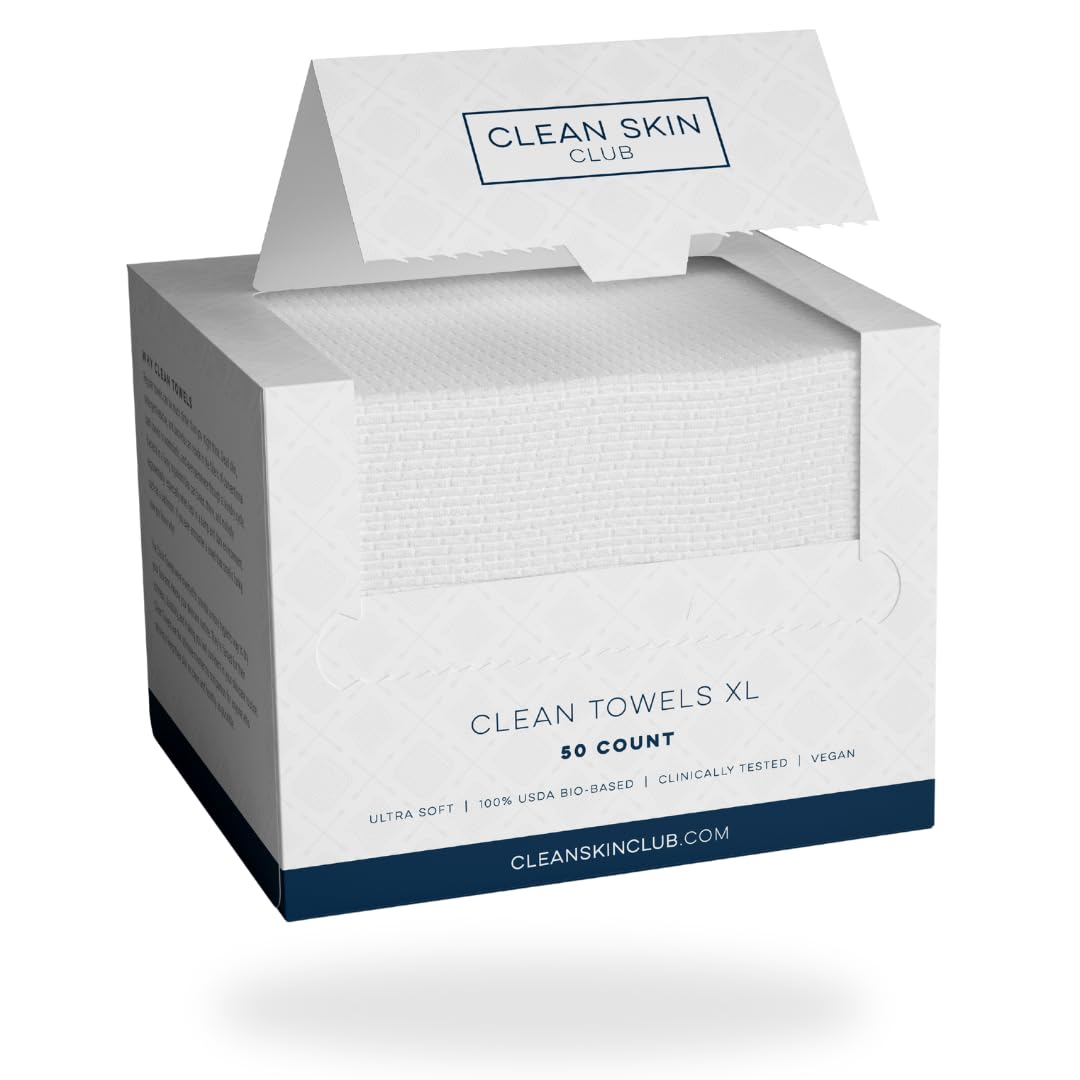 Clean Skin Club Clean Towels XL, USDA Certified 100‪%‬ Biobased Dermatologist Approved Face Towel, Disposable Face Towelette, Facial Washcloth, Makeup Remover Dry Wipes, Ultra Soft, 150 count, 3 pack