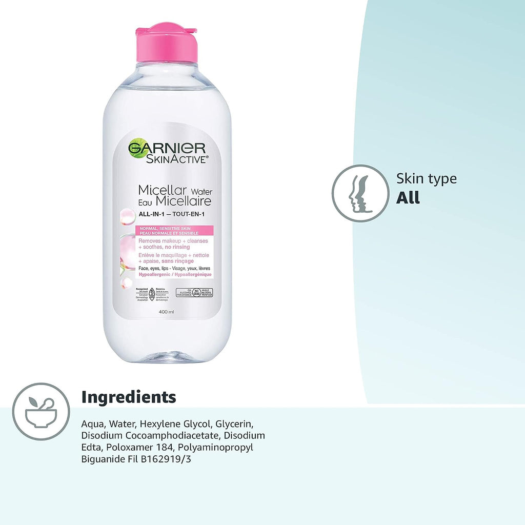 Garnier SkinActive Micellar Water for All Skin Types, Facial Cleanser &amp; Makeup Remover, 13.5 Fl Oz (400mL), 1 Count (Packaging May Vary)