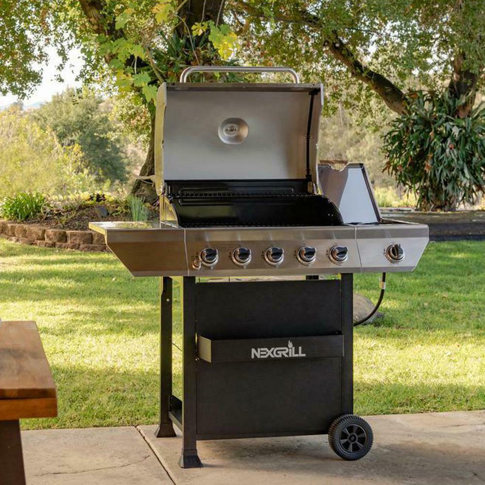 Propane Grill 5-Burners 55000 BTU Heat Thermometer Grease Pan  Steel
