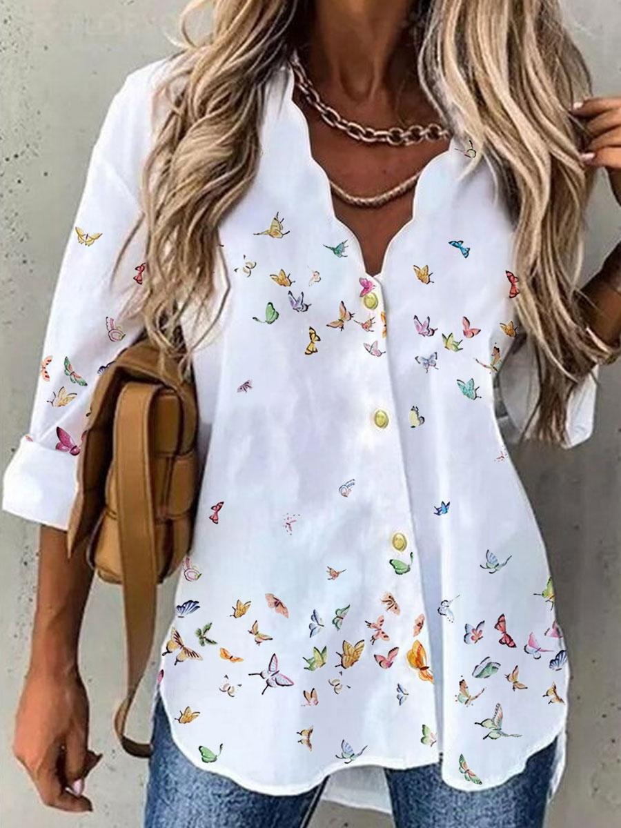 V-neck Butterfly Print Loose Casual Long-sleeved Blouse