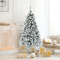 Gymax Warm White Prelit LED Green Snow Flocked Hinged Pine Christmas Tree, with Metal Stand 6'