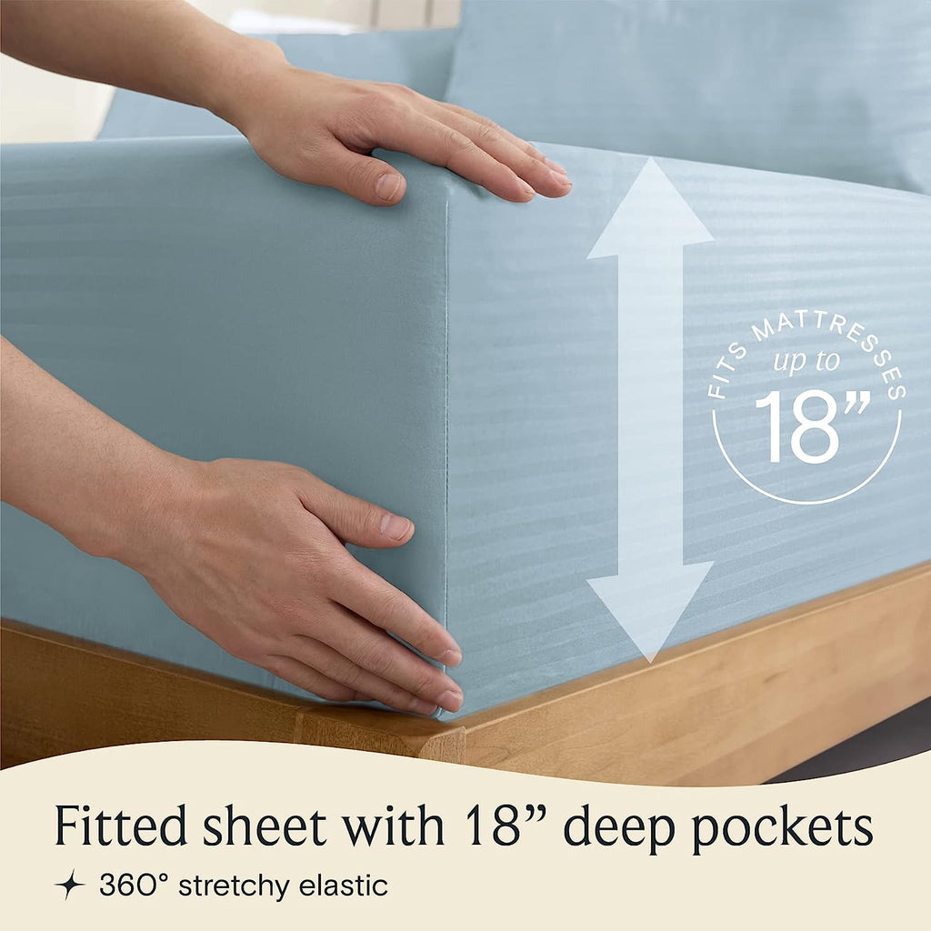LuxClub Striped Sheets Set, 6 PC Striped Bed Sheets Full Size, Deep Pockets 18" Eco Friendly Wrinkle Free Cooling Sheets Machine Washable Hotel Bedding Silky Soft (Full, Striped Light Blue)