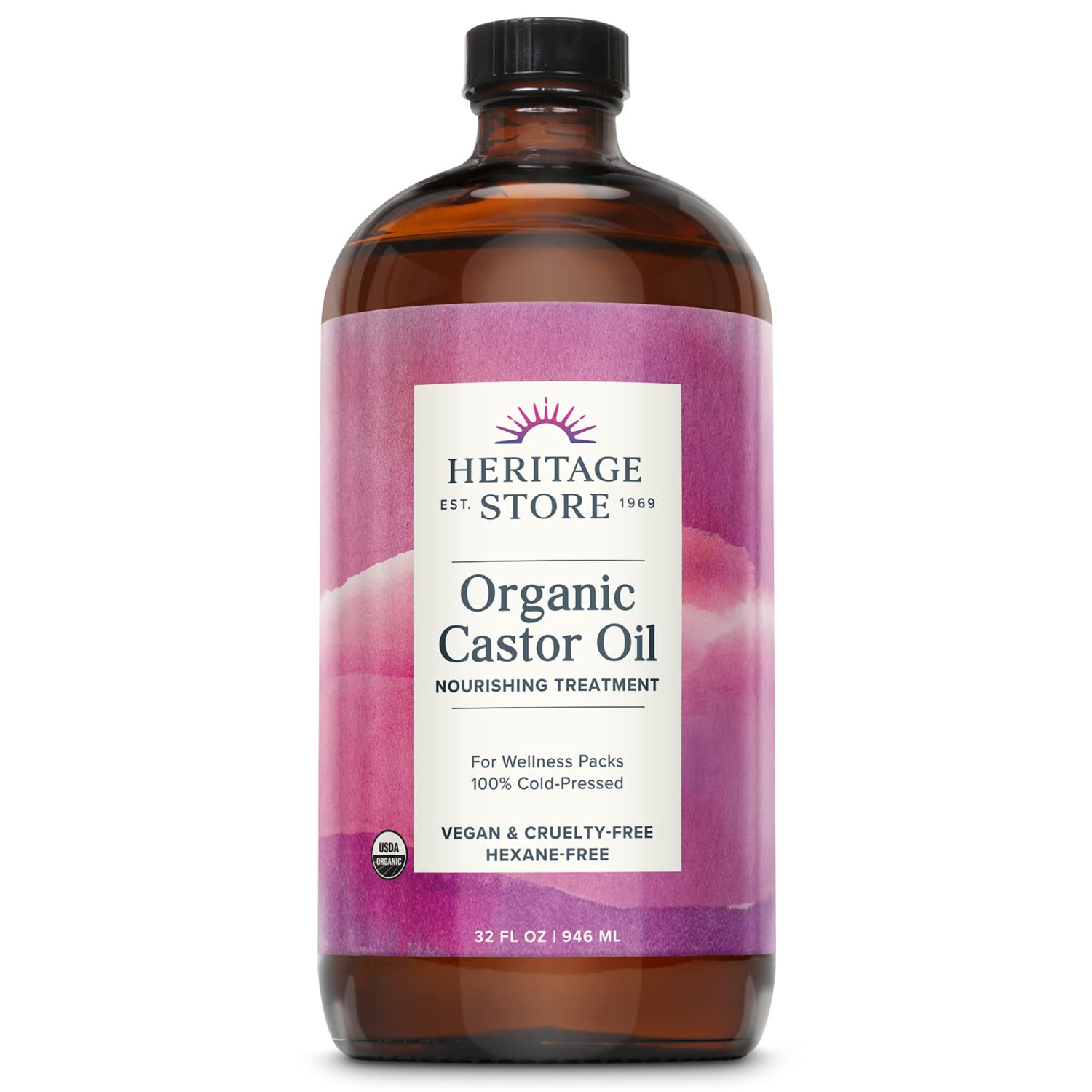 HERITAGE STORE Organic Castor Oil, Nourishing Hair Treatment, Deep Hydration for Healthy Hair Care, Skin Care, Eyelashes &amp; Brows, Castor Oil Packs, Cold Pressed, Hexane Free, Vegan, Cruelty Free 32oz