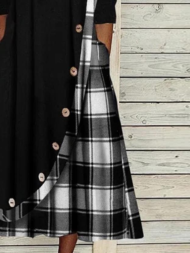 Casual Plaid Print Cowl Neck Long Sleeves Maxi Dress