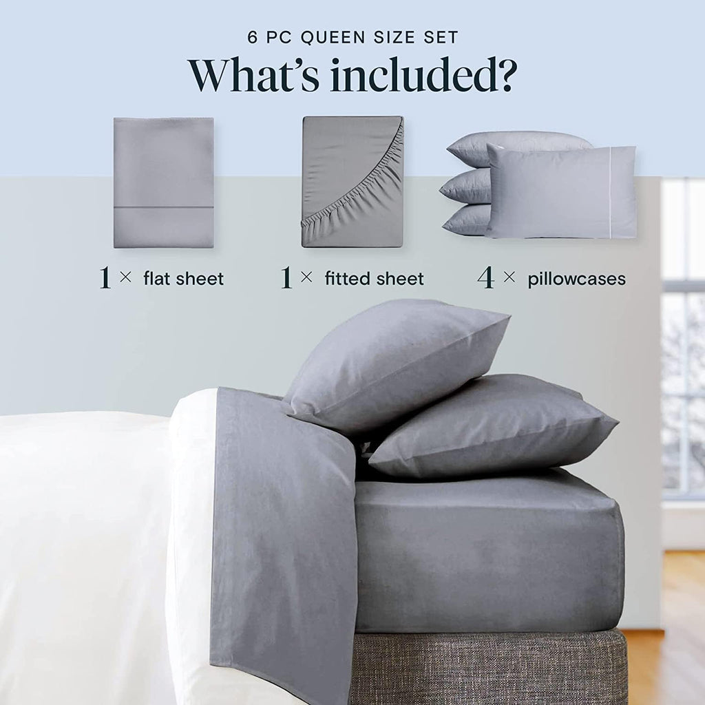 LuxClub 6 PC Extra Deep Pocket Queen Sheets &amp; Pillowcases Set - Hotel Bedding Silky Soft Eco Friendly Wrinkle Free Ultra Soft Cooling Bed Sheet Set deep Pocket up to 21" (Queen, Light Grey)