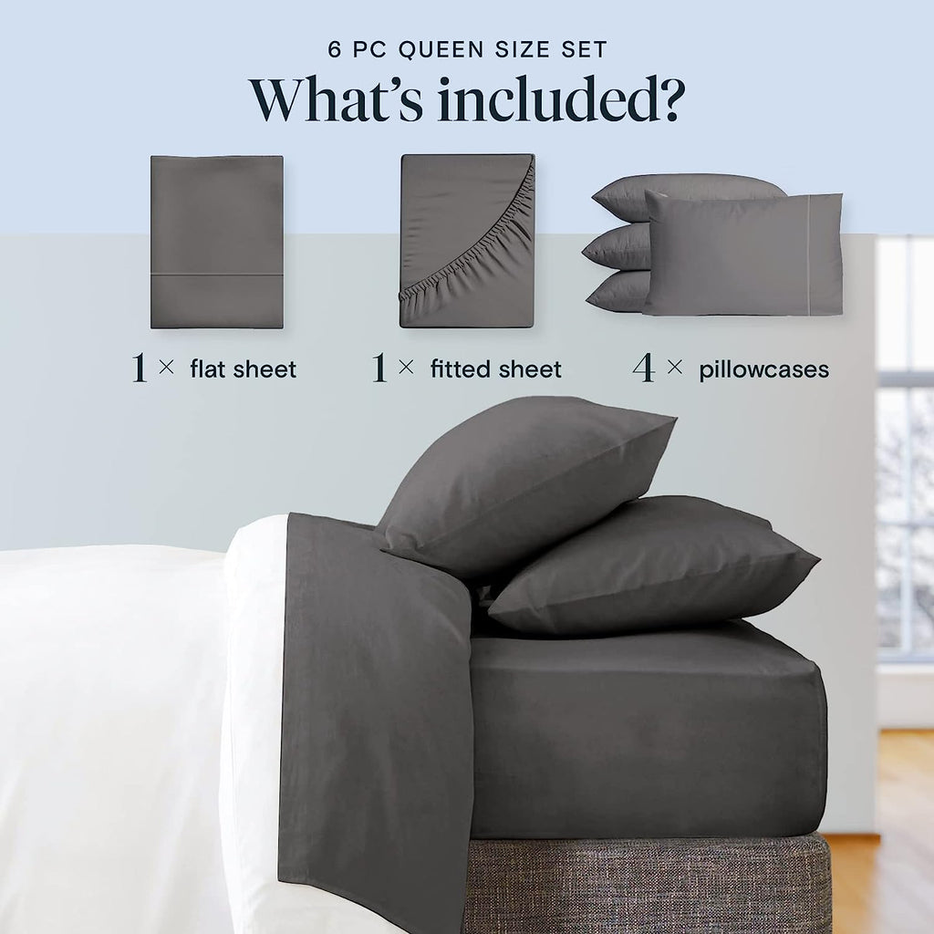 LuxClub 6 PC Full Size Sheet Set Bamboo Sheets Deep Pockets 18" Eco Friendly Wrinkle Free Cooling Sheets Machine Washable Hotel Bedding Silky Soft - Dark Grey Full