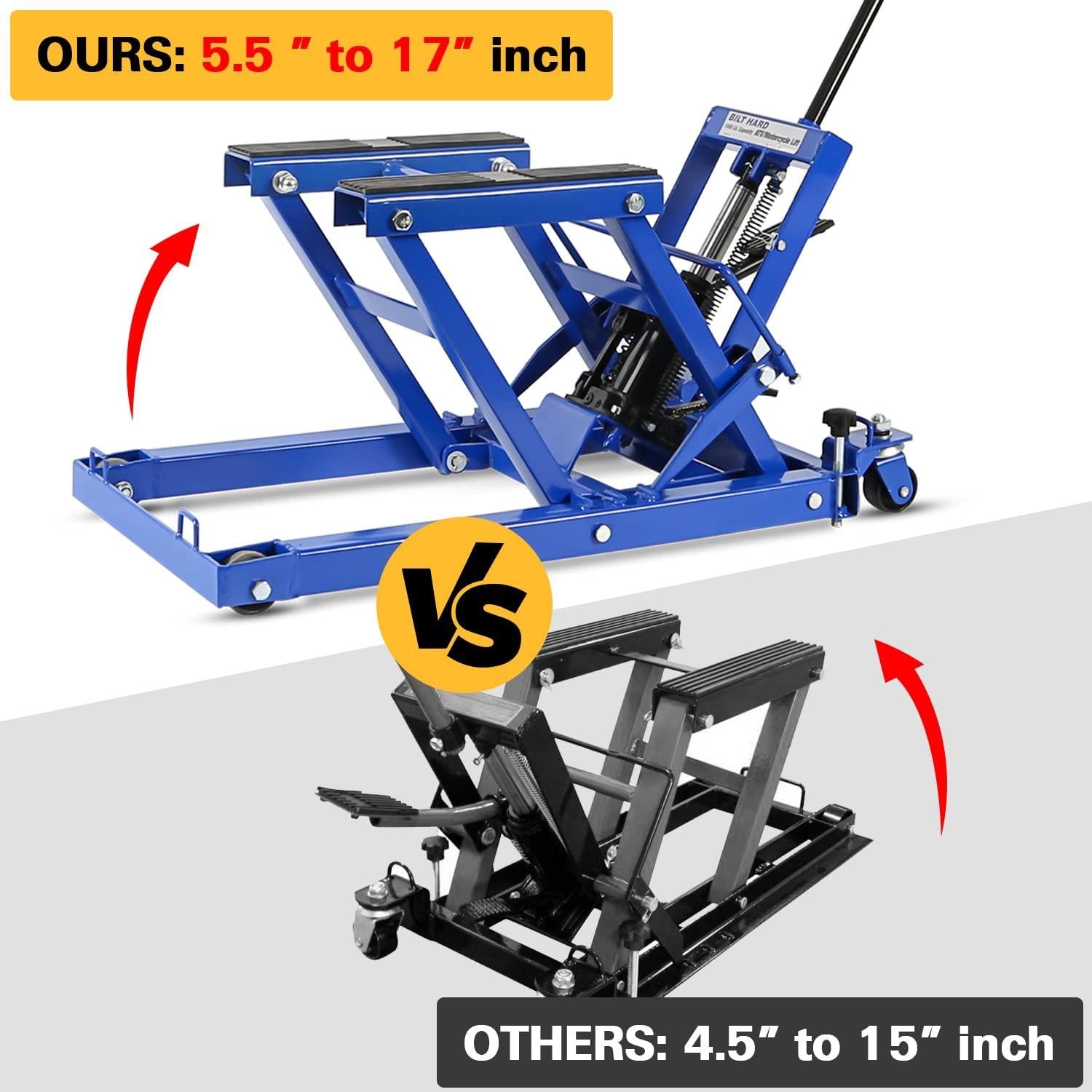 Motorcycle Lift, Heavy Duty Low Profile Hydraulic ATV Lifts, 1500 lb. Capacity, Steel