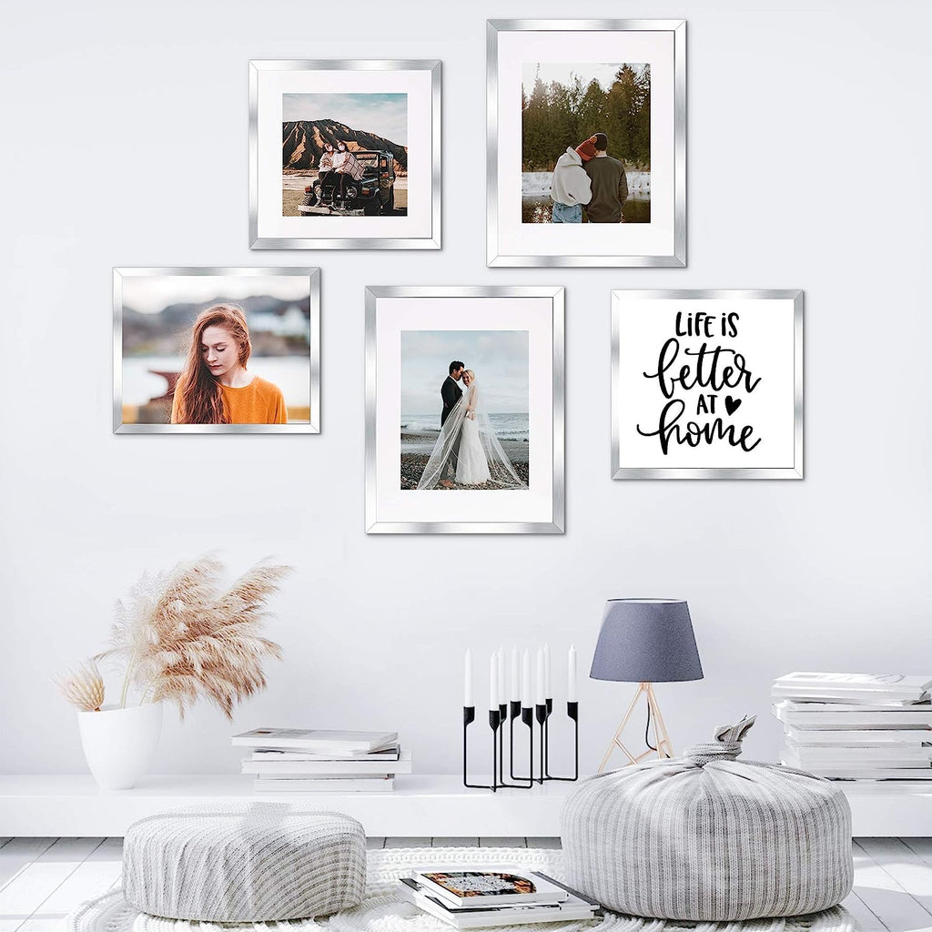 upsimples 8x10 Picture Frame Set of 5,Display Pictures 5x7 with Mat or 8x10 Without Mat,Wall Gallery Photo Frames, Silver