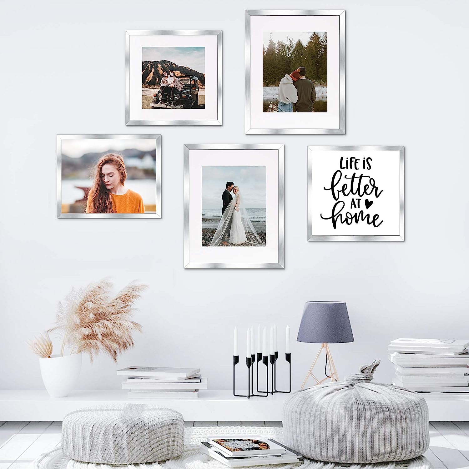 upsimples 8x10 Picture Frame Set of 5,Display Pictures 5x7 with Mat or 8x10 Without Mat,Wall Gallery Photo Frames, Silver